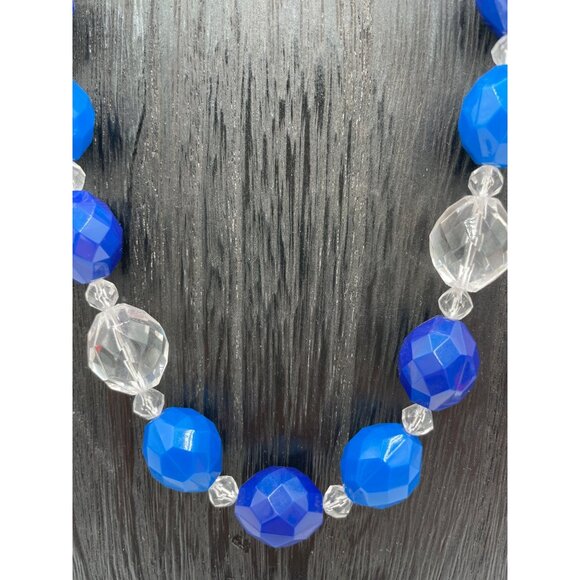Vintage Blue & Clear Faceted Bead Necklace 1950's Gold Clasp For Women - Picture 2 of 5
